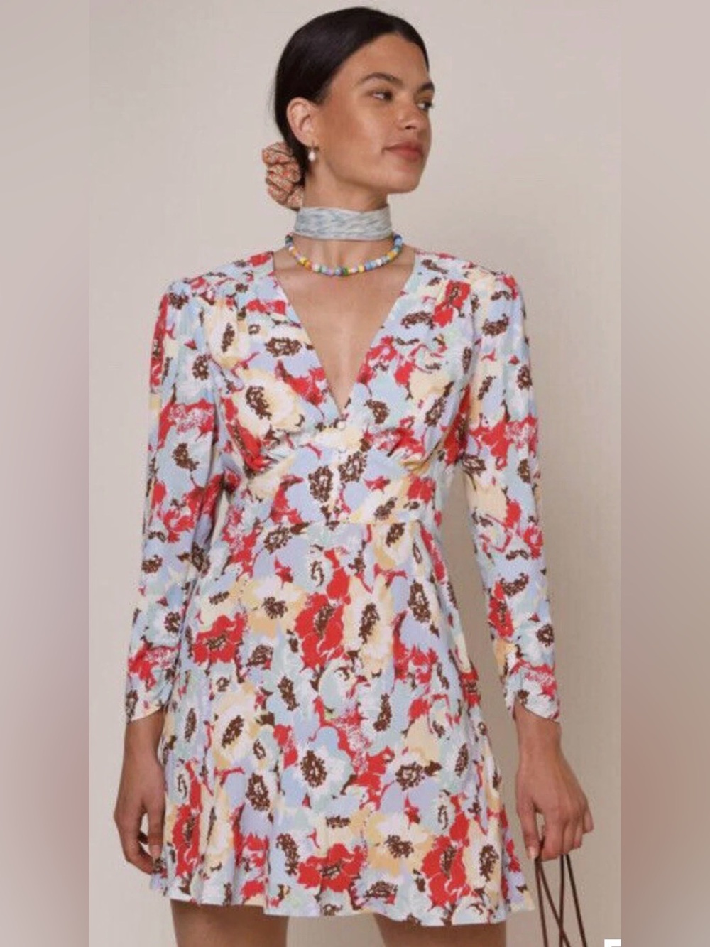 RIXO London Jules Poppies Floral V-Neck Mini Dress XS